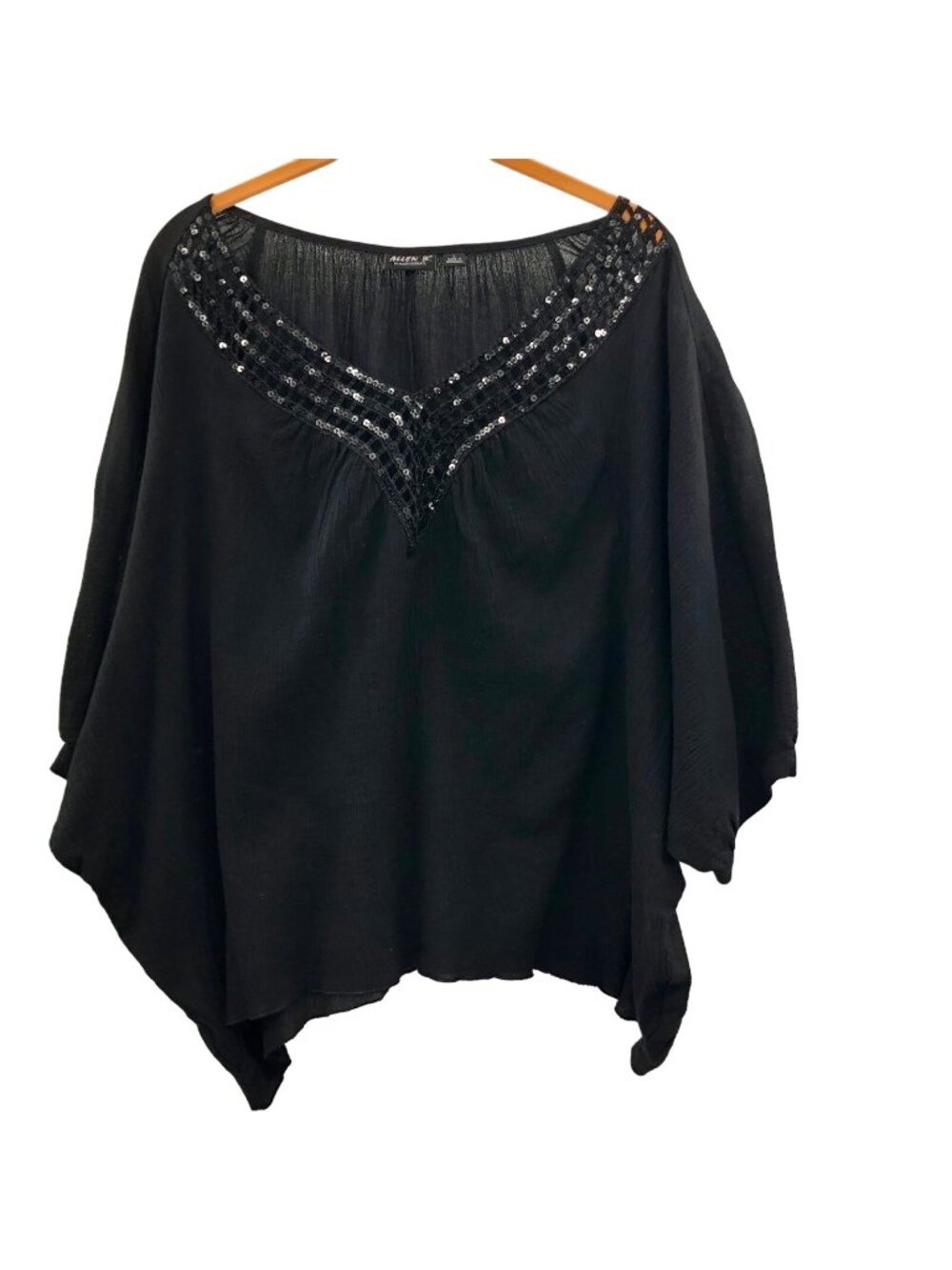 Allen B Black Gauze Sequined Boho Blouse Womens L Used Casual Vacation Resort